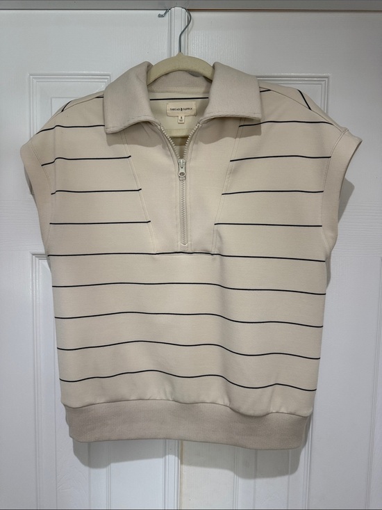 Thread & Supply Tops - Thread & Supply Cream Short Sleeve Half-Zip Pullover with Navy Stripe